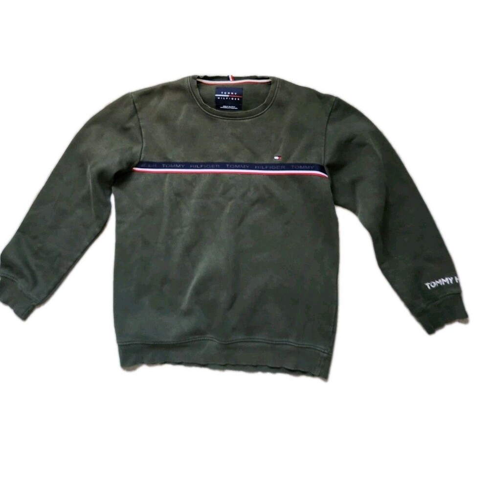 Tommy Hilfiger Daily Outfit Green Sweatshirt Logo Stripe Embroid Sleeve M EUC
